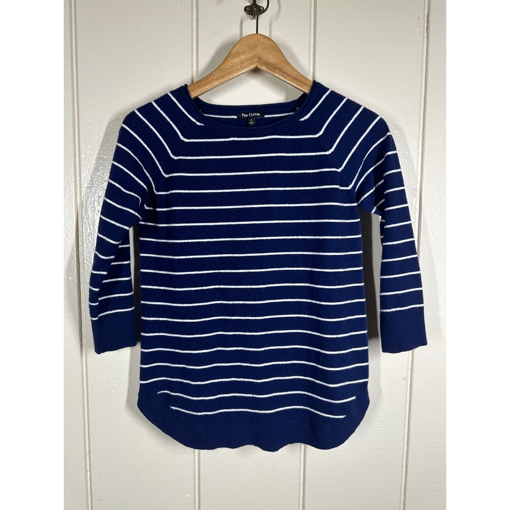 Pink Clover Sweater Womens S Blue Striped 3/4 Sleeve Raglan Curved Hem Top